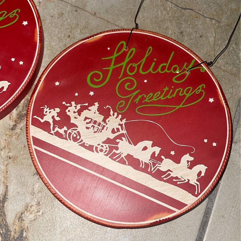 Round Red‎ Wooden Christmas Holiday Ornaments